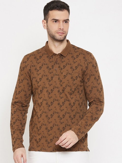 

Crimsoune Club Men Brown Blue Printed Slim Polo Collar T-shirt