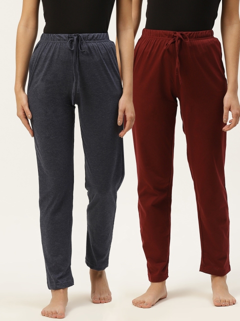 

ETC Women Pack of 2 Pure Cotton Solid Lounge Pants, Navy blue