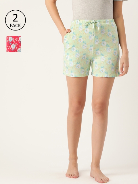 

ETC Women Pack of Two Printed Pure Cotton Lounge Shorts, Green