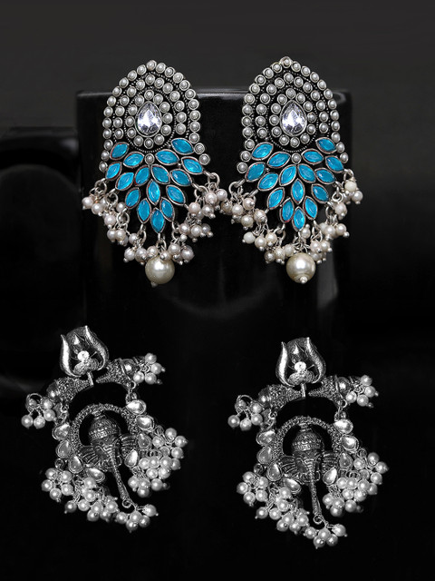 

Yellow Chimes Pack Of 2 Silver-Plated Oxidised Contemporary Jhumkas