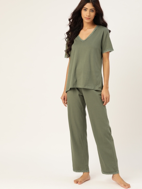 

ETC Women Olive Green Solid Pure Cotton Pyjama Set