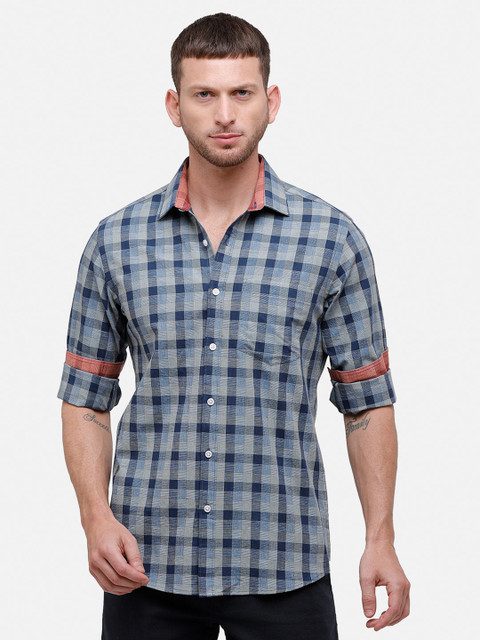 

CAVALLO by Linen Club Men Blue & Grey Regular Fit Checked Casual Shirt