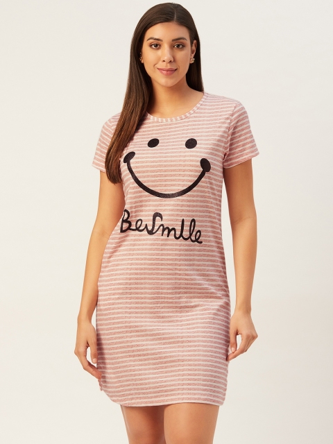 

Sweet Dreams Women Pink & Off-White Pure Cotton Striped Above Knee Length Nightdress