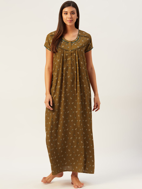 

Sweet Dreams Olive Brown & Off-White Cotton Floral Print Maxi Nightdress