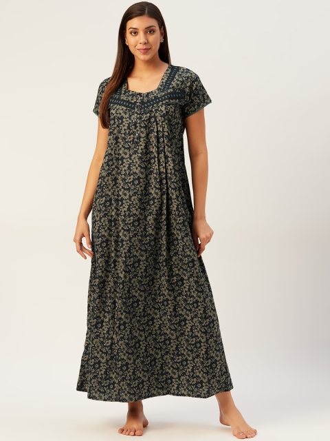 

Sweet Dreams Navy Blue & Beige Floral Print Maxi Nightdress