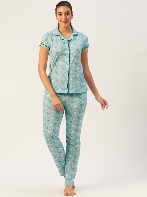 

Sweet Dreams Women Turquoise Blue & White Printed Pure Cotton Night suit