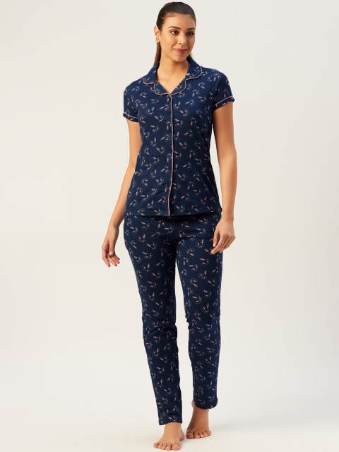 

Sweet Dreams Women Navy Blue & Pink Printed Pure Cotton Night suit