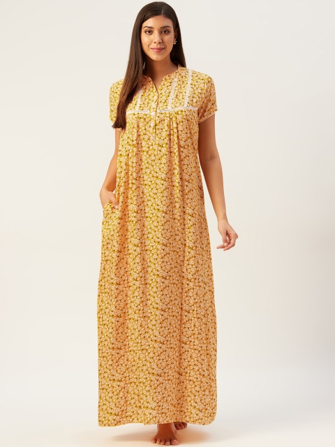 

Sweet Dreams Mustard Yellow & Off-White Cotton Floral Print Maxi Nightdress