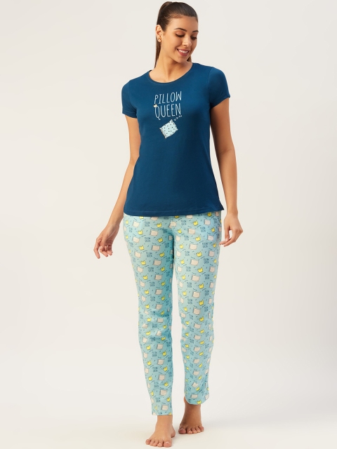 

Sweet Dreams Women Navy Blue & Sea Green Printed Pure Cotton Night suit