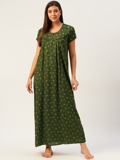 

Sweet Dreams Olive Green & Off-White Cotton Floral Print Maxi Nightdress