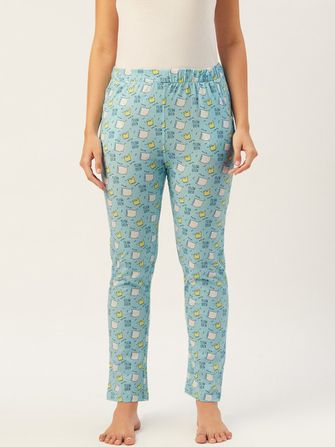 

Sweet Dreams Women Turquoise Blue & White Printed Pure Cotton Lounge Pants
