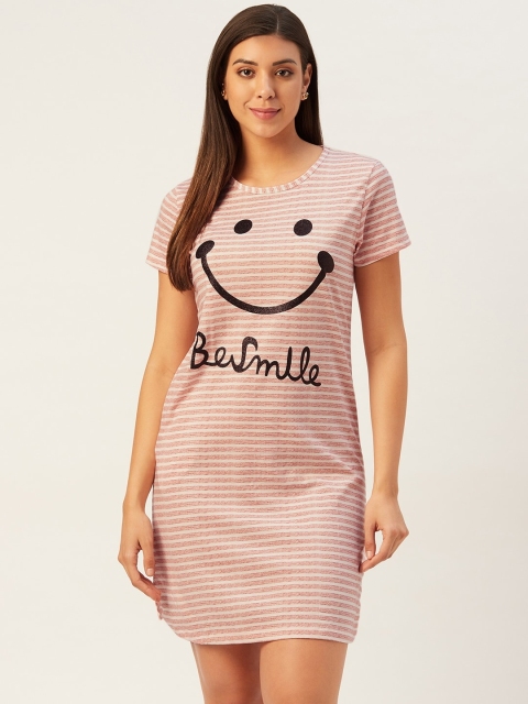 

Sweet Dreams Women Pink & Off-White Pure Cotton Striped Above Knee Length Nightdress