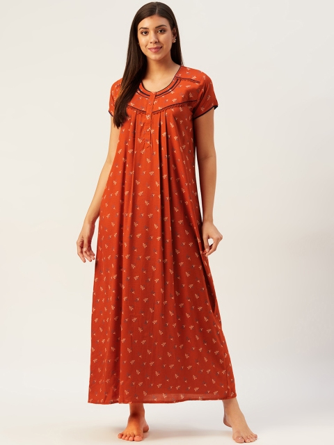 

Sweet Dreams Rust Orange & Off-White Cotton Floral Print Maxi Nightdress
