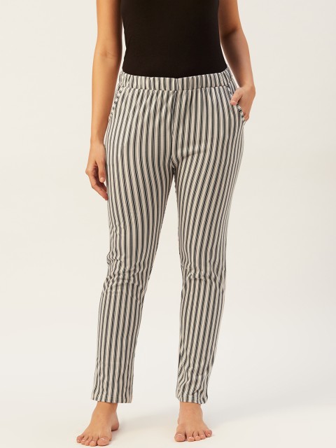 

Sweet Dreams Women Beige & Olive Green Striped Knitted Pure Cotton Lounge Pants
