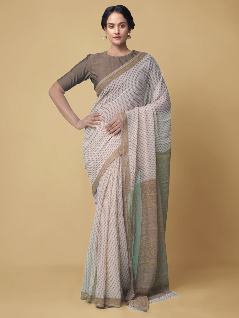 

Unnati Silks Cream-Coloured & Brown Pure Chiffon Printed Bhagalpuri Saree