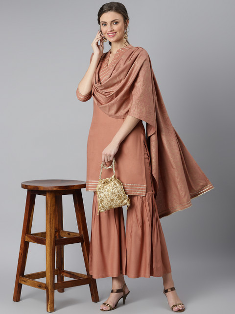 

Khushal K Women Peach-Coloured Embroidered Kurti with Skirt & Dupatta