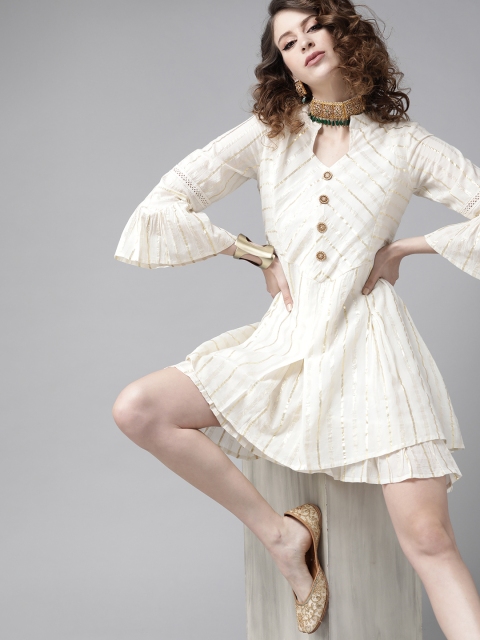 

Ishin Women Off-White Pure Cotton Striped A-Line Dress