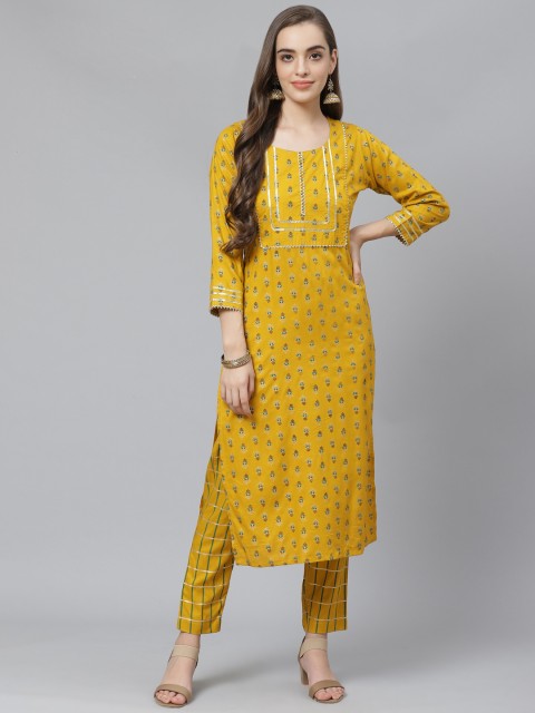 

Poshak Hub Women Mustard Yellow & Green Ethnic Motif Print Kurta with Trousers