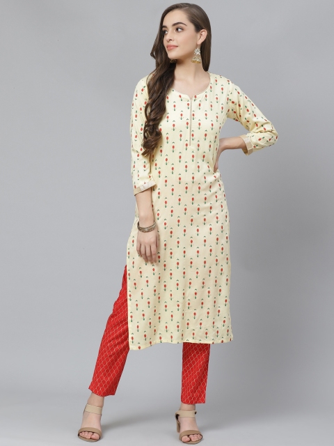 

Poshak Hub Women Off-White & Red Ethnic Motif Print Kurta with Trousers