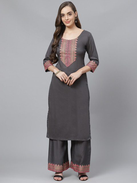 

Poshak Hub Women Charcoal Grey & Pink Yoke Design Kurta with Palazzos