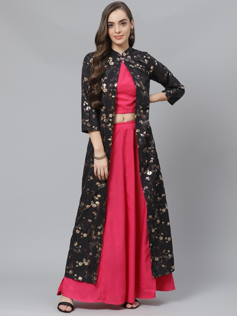 

Poshak Hub Women Black & Pink Foil Print Layered Clothing Set