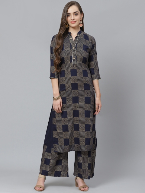

Poshak Hub Women Navy Blue & Golden Geometric Pint Kurta with Palazzos