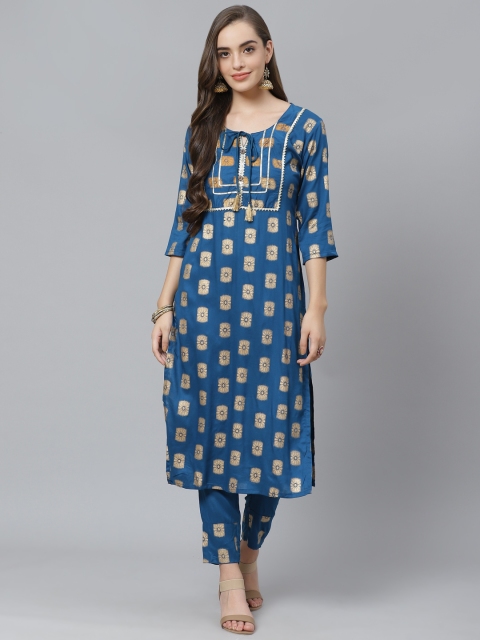 

Poshak Hub Women Blue & Golden Ethnic Motif Print Kurta with Trousers