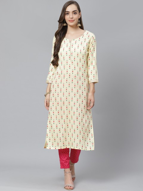 

Poshak Hub Women Off-White & Pink Ethnic Motif Print Kurta with Trousers