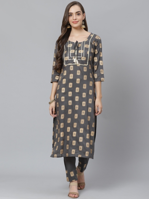 

Poshak Hub Women Grey & Golden Ethnic Motif Print Kurta with Trousers