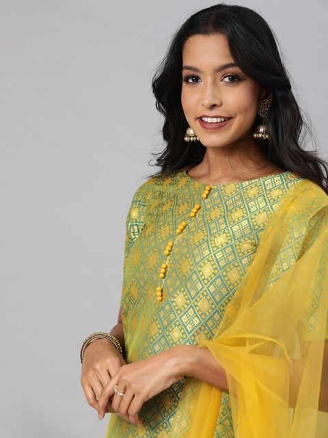 

Inddus Women Green & Mustard Yellow Woven Design Kurta with Trousers & Dupatta