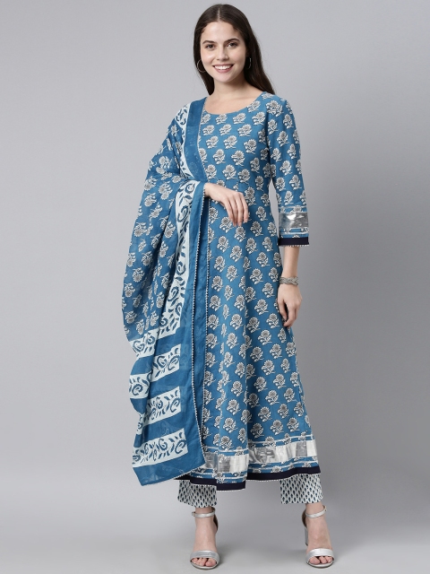 

GoSriKi Women Blue & White Floral Printed Pure Cotton Kurta with Trousers & With Dupatta