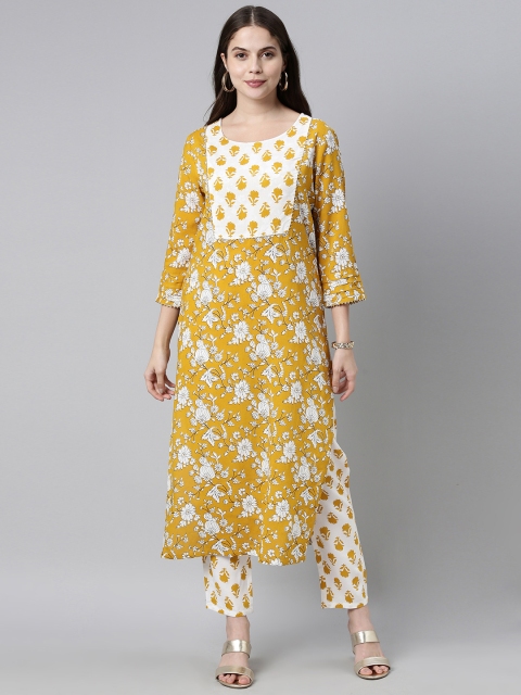 

KALINI Women Mustard & White Yellow Floral Printed Pure Cotton Kurta with Trousers