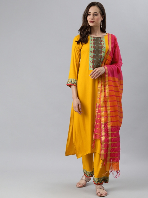 

KALINI Women Yellow Yoke Design Pure Cotton Kurta with Palazzos & With Dupatta