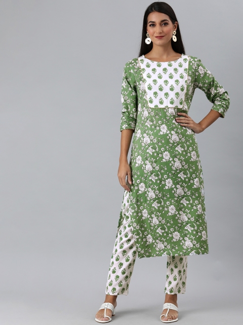 

GoSriKi Women Green Floral Printed Pure Cotton Kurta with Trousers