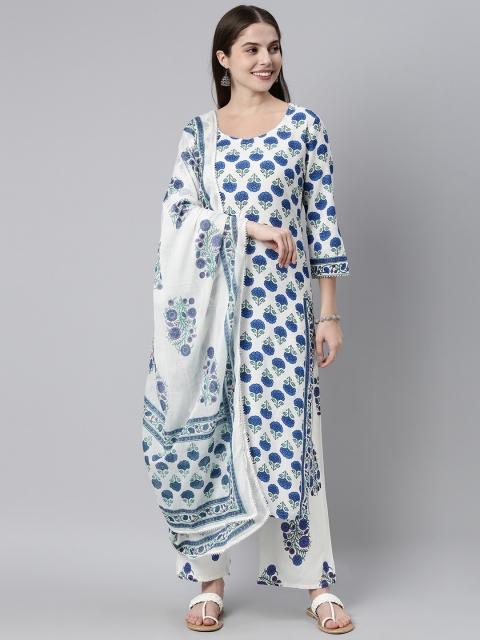 

GoSriKi Women Blue Floral Printed Pure Cotton Kurta with Palazzos & With Dupatta