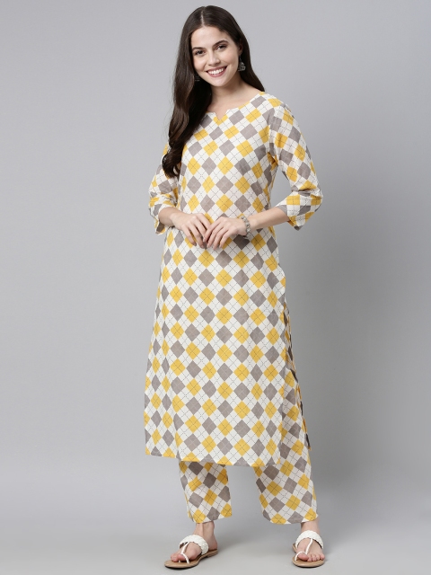 

GoSriKi Women & White Yellow Kurta with Trousers