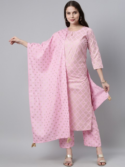 

KALINI Women Pink Foil Printed Pure Cotton Kurta with Trousers & With Dupatta