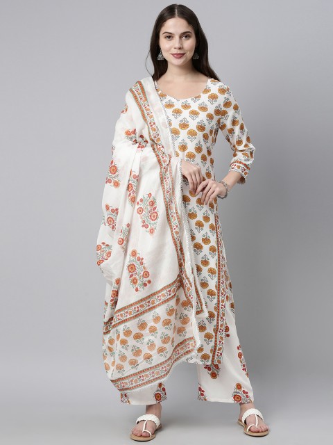 

GoSriKi Women White & Yellow Floral Printed Pure Cotton Kurta with Palazzos & With Dupatta