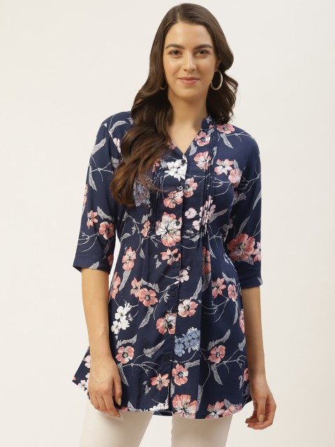 

One Femme Women's Navy Blue & Peach-Coloured Printed Tunic