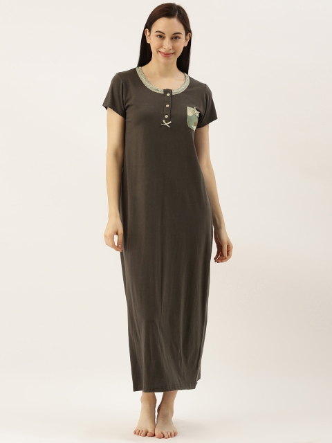 

Slumber Jill Olive Brown Solid Nightdress with Pocket Detailing