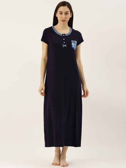 

Slumber Jill Navy Blue Solid Nightdress with Pocket Detailing