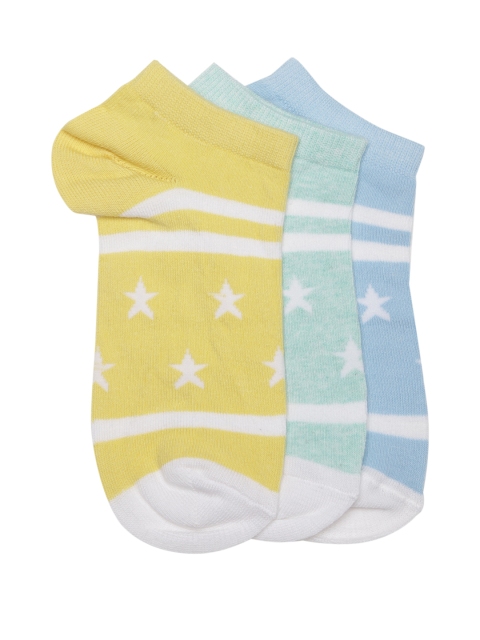 

20Dresses Women Pack of 3 Star Patterned & Striped Ankle-Length Socks, Yellow