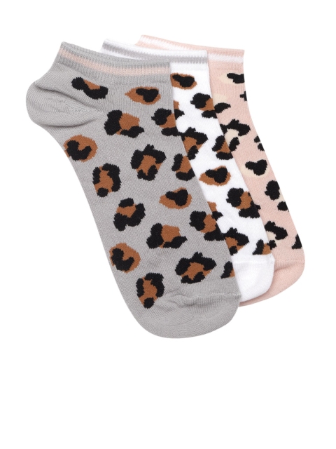 

20Dresses Women Pack of 3 Leopard Patterned Ankle-Length Socks, Grey