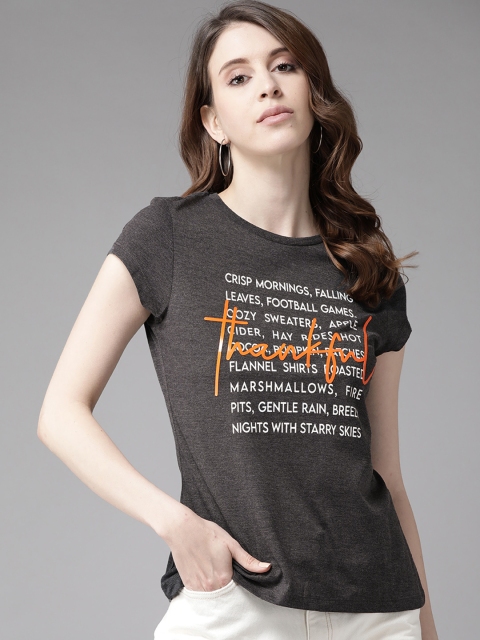 

Cayman Women Charcoal Grey & White Pure Cotton Printed Round Neck T-shirt