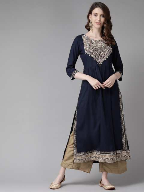 

Cayman Women Navy Blue & Off-White Ethnic Motifs Yoke Design A-Line Kurta