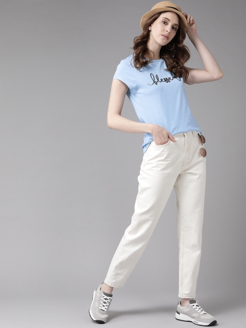 

Cayman Women Blue Embossed Print Pure Cotton Round Neck T-shirt