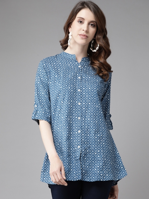 

Cayman Women Navy Blue & White Regular Fit Printed Pure Cotton Casual Shirt