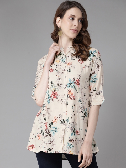 

Cayman Women Cream-Coloured & Red Regular Fit Printed Pure Cotton Casual Shirt