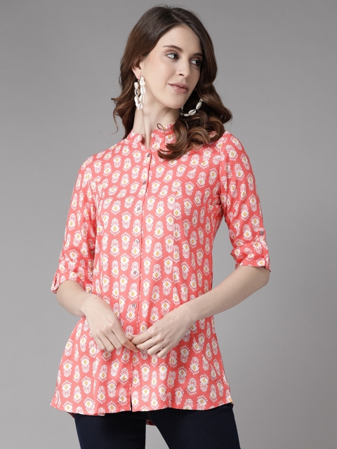 

Cayman Women Coral Pink & White Ethnic Motifs Printed A-Line Kurti