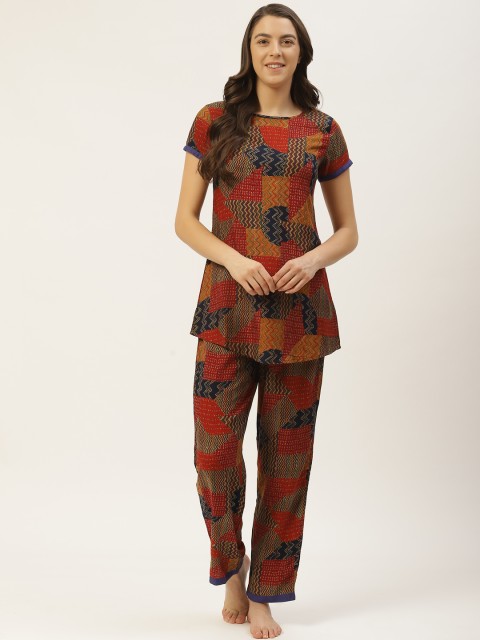

Laabha Women Maroon & Navy Blue Printed Night Suit